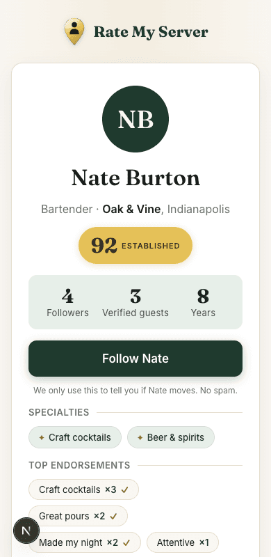 A Rate My Server profile: Nate Burton, bartender at Oak & Vine, Hospitality Score 92, with endorsements from guests